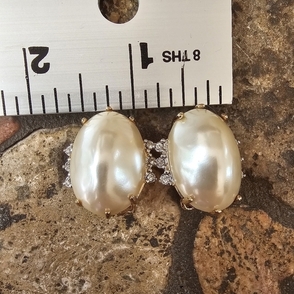 Vintage Gold Tone Clip-On Very Large Faux Pearl Earrings With Rhinestone Accents - Picture 9 of 10